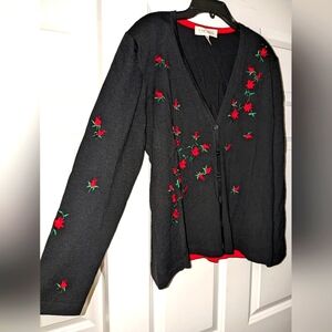 Escada Open Front Sweater Cardigan 100% New Wool Black Red Flowers sz 40 M/L